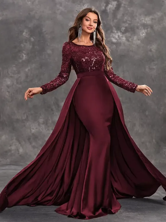 Evening Dress Ball Gown Jewel Neck With Train Long Sleeves Zipper Sequins Satin Fabric Formal Dinner Dresses