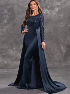 Evening Dress Ball Gown Jewel Neck With Train Long Sleeves Zipper Sequins Satin Fabric Formal Dinner Dresses