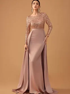 Evening Dress Ball Gown Jewel Neck With Train Long Sleeves Zipper Sequins Satin Fabric Formal Dinner Dresses