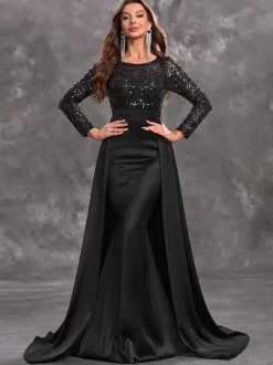 Evening Dress Ball Gown Jewel Neck With Train Long Sleeves Zipper Sequins Satin Fabric Formal Dinner Dresses