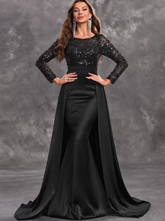 Evening Dress Ball Gown Jewel Neck With Train Long Sleeves Zipper Sequins Satin Fabric Formal Dinner Dresses