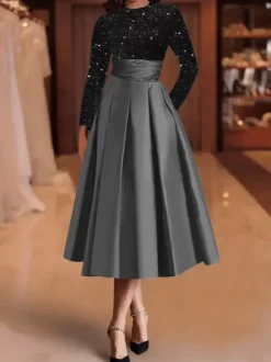 Evening Dress Ball Gown Jewel Neck Satin Fabric Tea-Length Sequins Formal Party Dresses