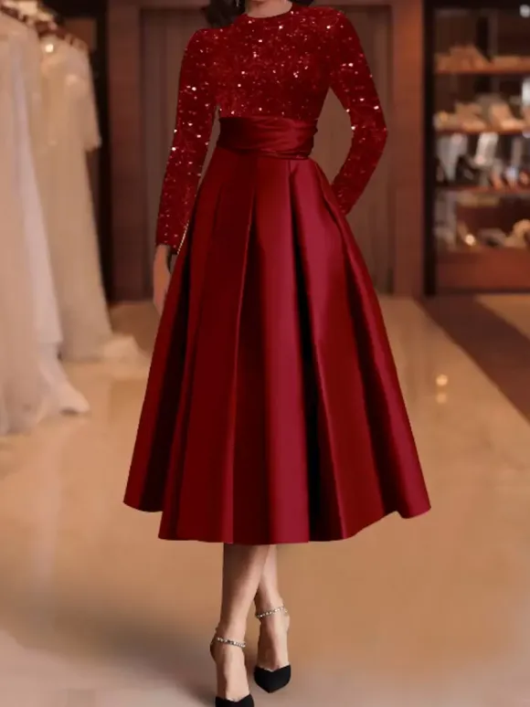 Evening Dress Ball Gown Jewel Neck Satin Fabric Tea-Length Sequins Formal Party Dresses