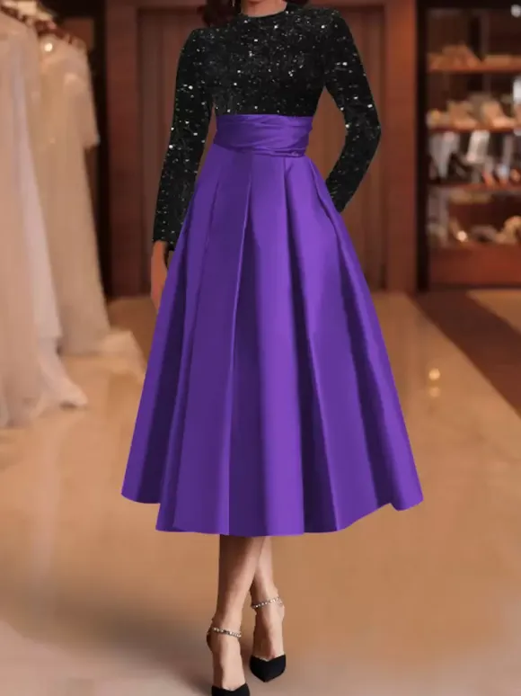 Evening Dress Ball Gown Jewel Neck Satin Fabric Tea-Length Sequins Formal Party Dresses