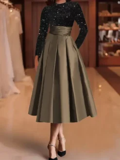Evening Dress Ball Gown Jewel Neck Satin Fabric Tea-Length Sequins Formal Party Dresses