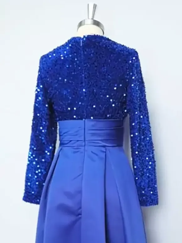 Evening Dress Ball Gown Jewel Neck Satin Fabric Tea-Length Sequins Formal Party Dresses