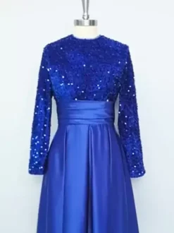 Evening Dress Ball Gown Jewel Neck Satin Fabric Tea-Length Sequins Formal Party Dresses