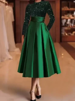 Evening Dress Ball Gown Jewel Neck Satin Fabric Tea-Length Sequins Formal Party Dresses