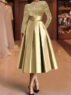 Evening Dress Ball Gown Jewel Neck Satin Fabric Tea-Length Sequins Formal Party Dresses