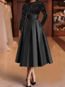Evening Dress Ball Gown Jewel Neck Satin Fabric Tea-Length Sequins Formal Party Dresses