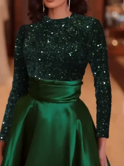 Evening Dress Ball Gown Jewel Neck Satin Fabric Tea-Length Sequins Formal Party Dresses