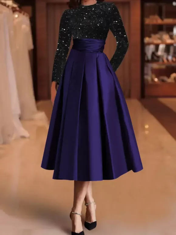 Evening Dress Ball Gown Jewel Neck Satin Fabric Tea-Length Sequins Formal Party Dresses