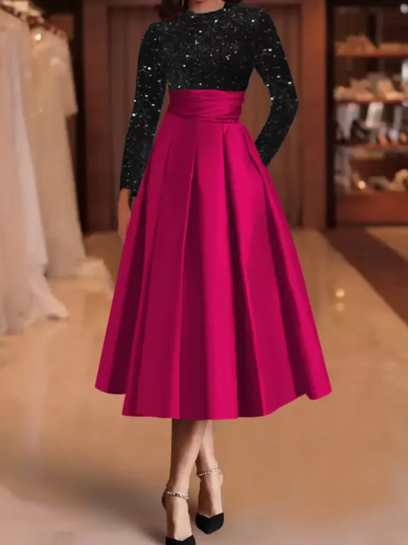 Evening Dress Ball Gown Jewel Neck Satin Fabric Tea-Length Sequins Formal Party Dresses
