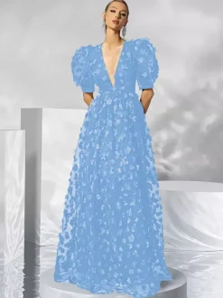 Evening Dress Ball Gown V-Neck Organza Floor-Length Applique Social Party Dresses