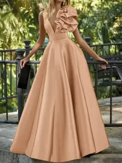 Evening Dress Ball Gown V-Neck Floor-Length Sleeveless Zipper Flowers Satin Fabric Formal Party Dresses