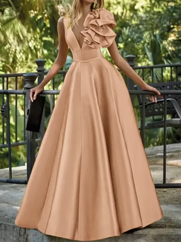 Evening Dress Ball Gown V-Neck Floor-Length Sleeveless Zipper Flowers Satin Fabric Formal Party Dresses