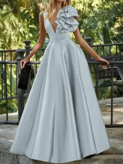 Evening Dress Ball Gown V-Neck Floor-Length Sleeveless Zipper Flowers Satin Fabric Formal Party Dresses
