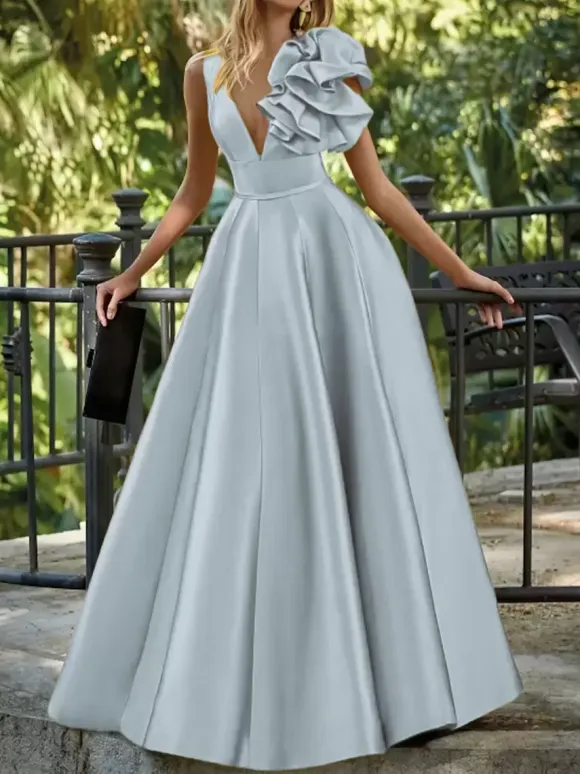 Evening Dress Ball Gown V-Neck Floor-Length Sleeveless Zipper Flowers Satin Fabric Formal Party Dresses