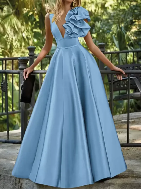 Evening Dress Ball Gown V-Neck Floor-Length Sleeveless Zipper Flowers Satin Fabric Formal Party Dresses