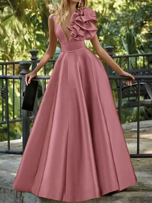 Evening Dress Ball Gown V-Neck Floor-Length Sleeveless Zipper Flowers Satin Fabric Formal Party Dresses
