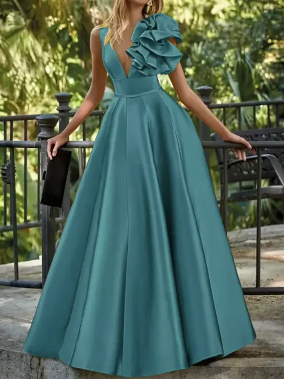 Evening Dress Ball Gown V-Neck Floor-Length Sleeveless Zipper Flowers Satin Fabric Formal Party Dresses