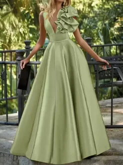 Evening Dress Ball Gown V-Neck Floor-Length Sleeveless Zipper Flowers Satin Fabric Formal Party Dresses