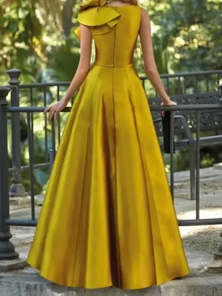 Evening Dress Ball Gown V-Neck Floor-Length Sleeveless Zipper Flowers Satin Fabric Formal Party Dresses
