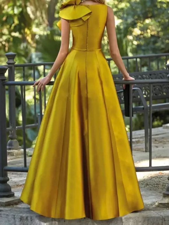 Evening Dress Ball Gown V-Neck Floor-Length Sleeveless Zipper Flowers Satin Fabric Formal Party Dresses