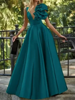 Evening Dress Ball Gown V-Neck Floor-Length Sleeveless Zipper Flowers Satin Fabric Formal Party Dresses