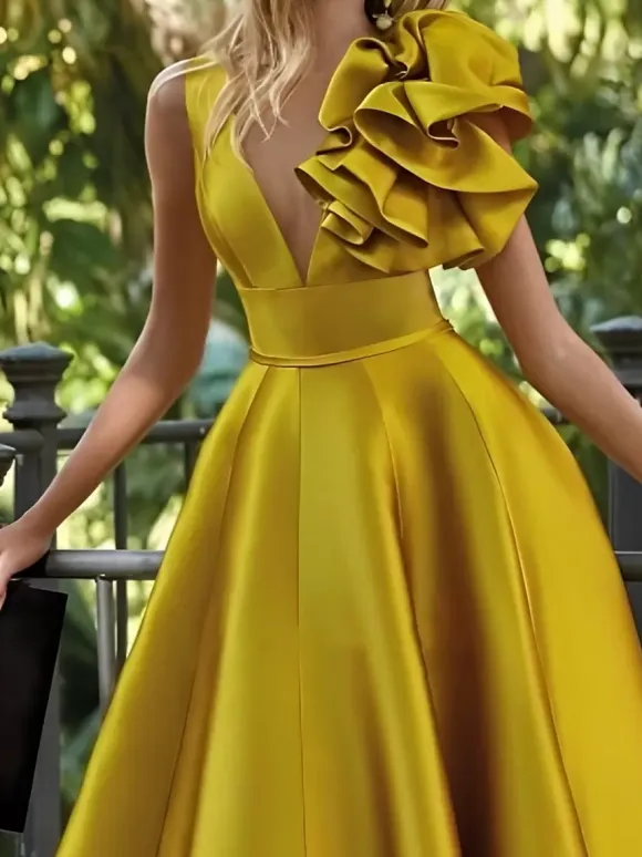 Evening Dress Ball Gown V-Neck Floor-Length Sleeveless Zipper Flowers Satin Fabric Formal Party Dresses