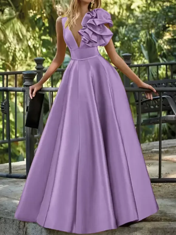 Evening Dress Ball Gown V-Neck Floor-Length Sleeveless Zipper Flowers Satin Fabric Formal Party Dresses