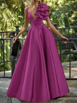 Evening Dress Ball Gown V-Neck Floor-Length Sleeveless Zipper Flowers Satin Fabric Formal Party Dresses