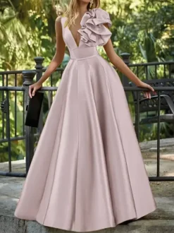 Evening Dress Ball Gown V-Neck Floor-Length Sleeveless Zipper Flowers Satin Fabric Formal Party Dresses