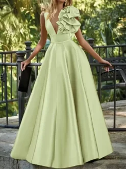 Evening Dress Ball Gown V-Neck Floor-Length Sleeveless Zipper Flowers Satin Fabric Formal Party Dresses