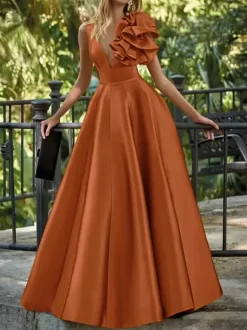 Evening Dress Ball Gown V-Neck Floor-Length Sleeveless Zipper Flowers Satin Fabric Formal Party Dresses