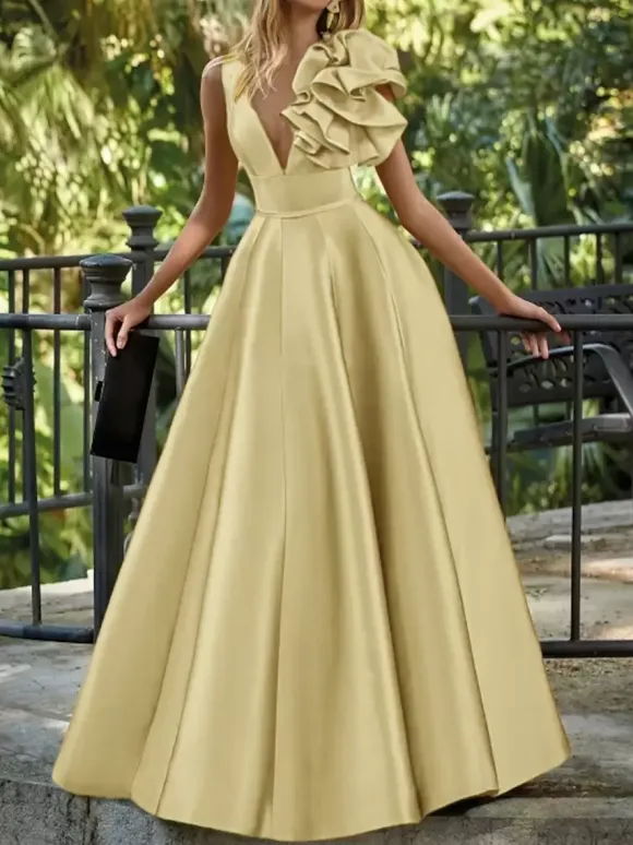 Evening Dress Ball Gown V-Neck Floor-Length Sleeveless Zipper Flowers Satin Fabric Formal Party Dresses