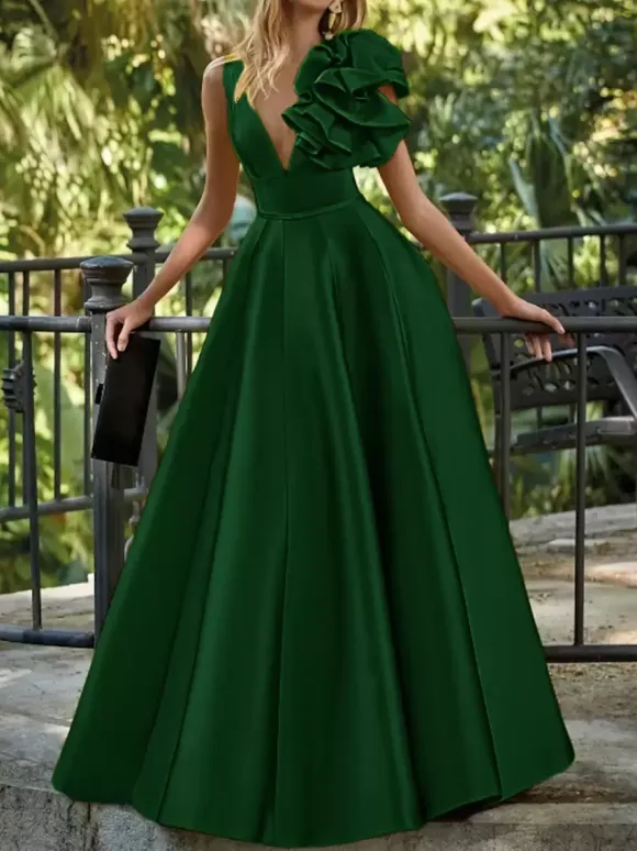 Evening Dress Ball Gown V-Neck Floor-Length Sleeveless Zipper Flowers Satin Fabric Formal Party Dresses