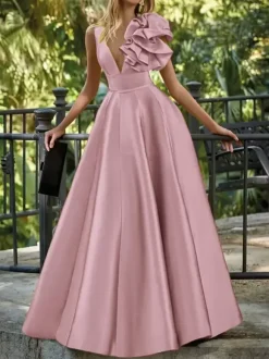 Evening Dress Ball Gown V-Neck Floor-Length Sleeveless Zipper Flowers Satin Fabric Formal Party Dresses