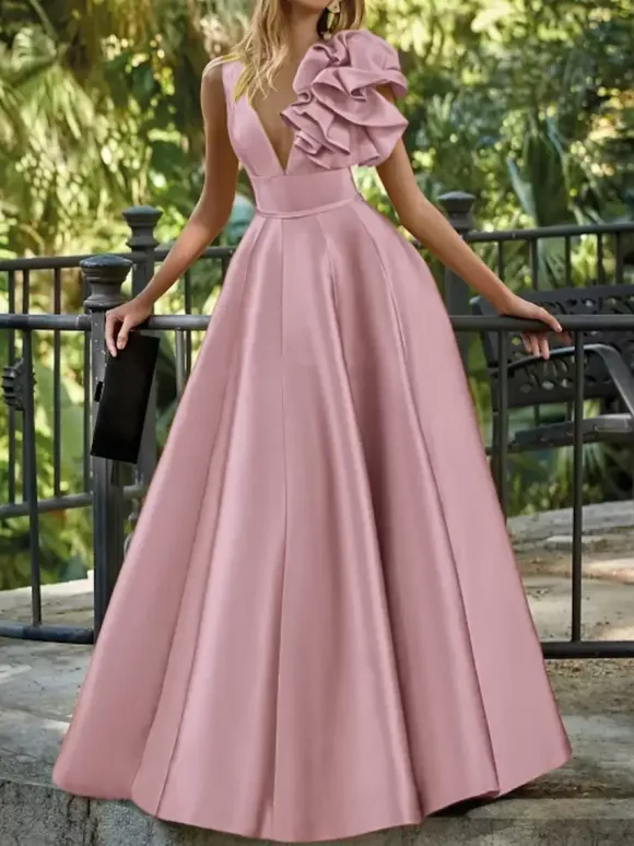 Evening Dress Ball Gown V-Neck Floor-Length Sleeveless Zipper Flowers Satin Fabric Formal Party Dresses