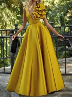 Evening Dress Ball Gown V-Neck Floor-Length Sleeveless Zipper Flowers Satin Fabric Formal Party Dresses