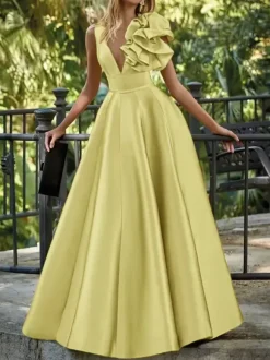 Evening Dress Ball Gown V-Neck Floor-Length Sleeveless Zipper Flowers Satin Fabric Formal Party Dresses