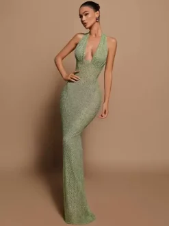 Evening Dress Ball Gown V-Neck Polyester Floor-Length Formal Party Dresses