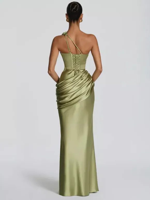 Evening Dress Designed Neckline Elastic Silk Like Satin Floor-Length Pleated Formal Party Dresses