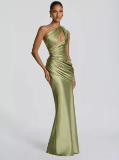 Evening Dress Designed Neckline Elastic Silk Like Satin Floor-Length Pleated Formal Party Dresses