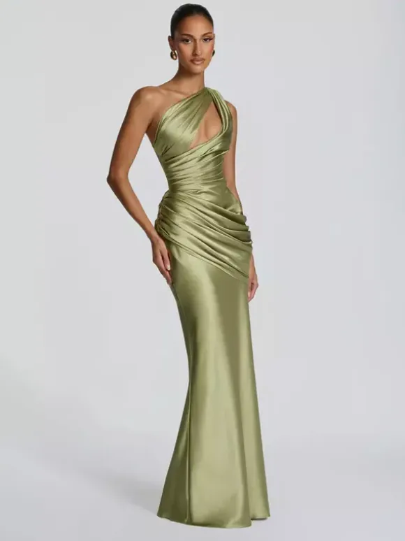 Evening Dress Designed Neckline Elastic Silk Like Satin Floor-Length Pleated Formal Party Dresses