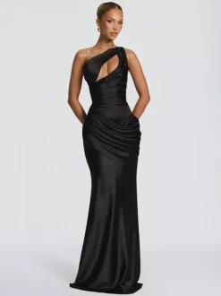 Evening Dress Designed Neckline Elastic Silk Like Satin Floor-Length Pleated Formal Party Dresses