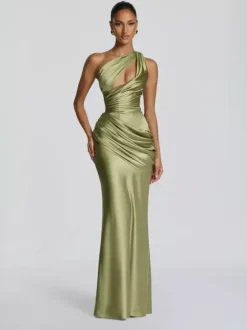 Evening Dress Designed Neckline Elastic Silk Like Satin Floor-Length Pleated Formal Party Dresses