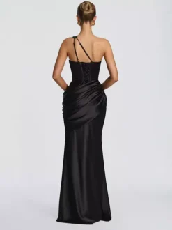 Evening Dress Designed Neckline Elastic Silk Like Satin Floor-Length Pleated Formal Party Dresses