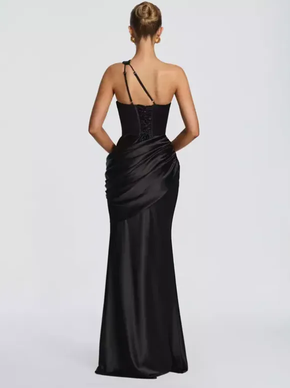 Evening Dress Designed Neckline Elastic Silk Like Satin Floor-Length Pleated Formal Party Dresses