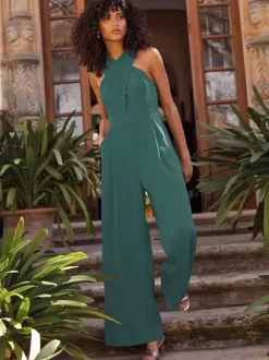 Evening Dress Jumpsuit Designed Neckline Ankle-Length Sleeveless Zipper Pleated Stretch Crepe Formal Party Dresses
